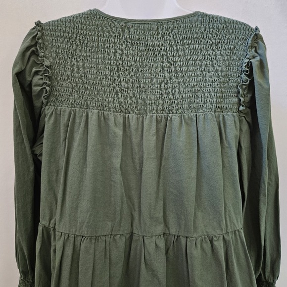 Pomander Place Dress sz M Ceci Smocked Long Sleeve Green Tiered Cotton Mini Boho - Picture 14 of 16